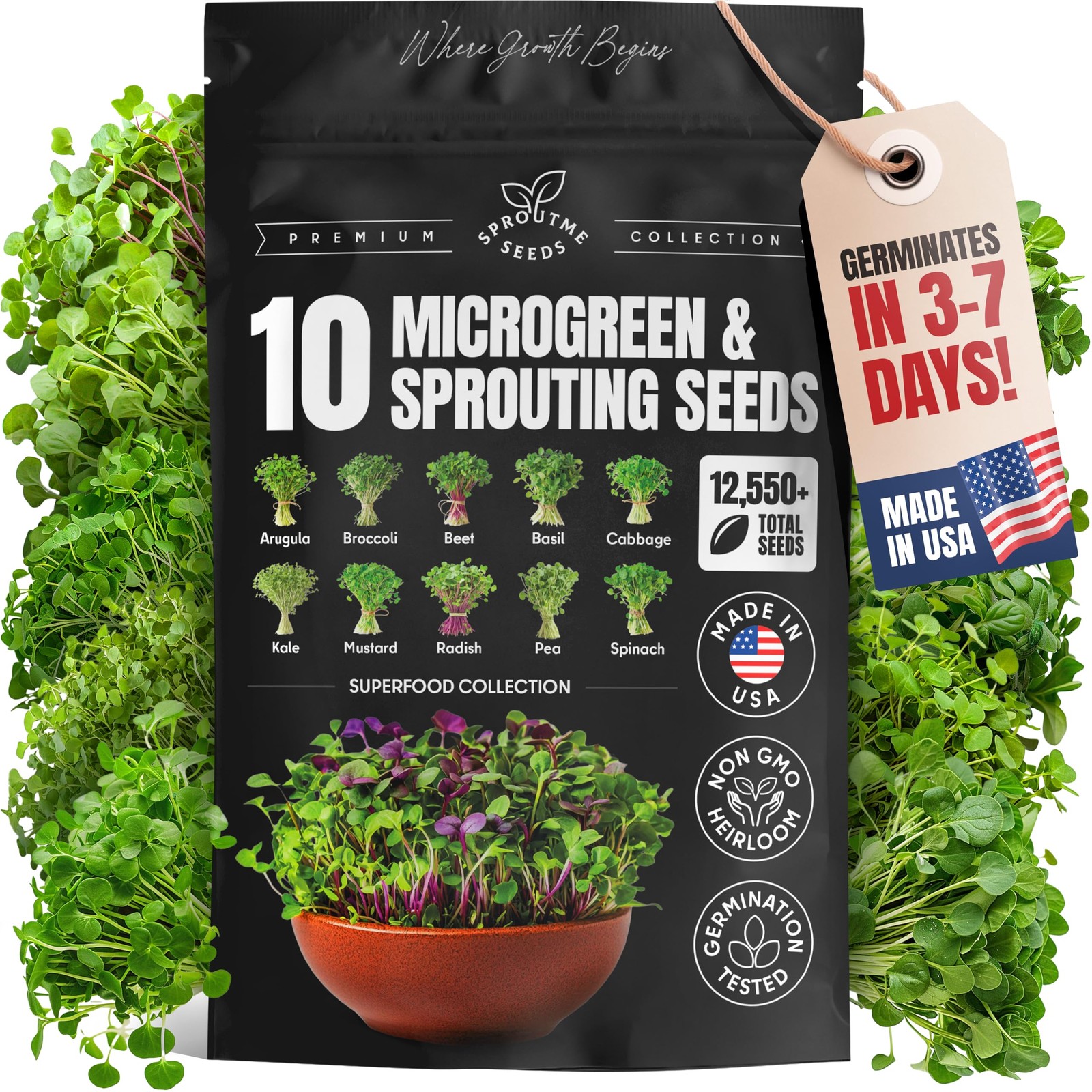 Microgreens Variety Pack 10 NonGMO Seeds for Indoor & Outdoor Growing