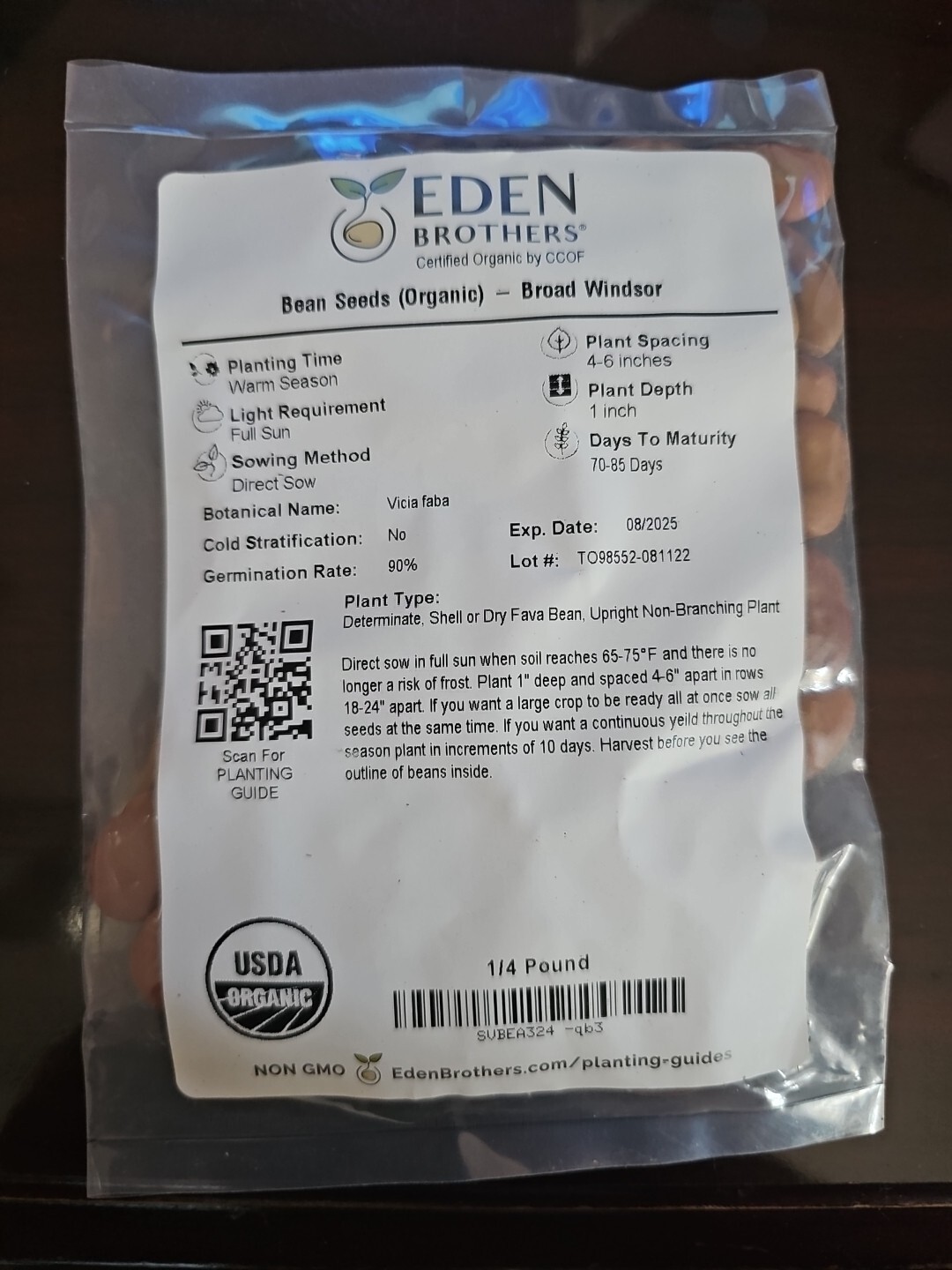 Eden Brothers Organic Broad Windsor Bean Seeds 1/4 Pound