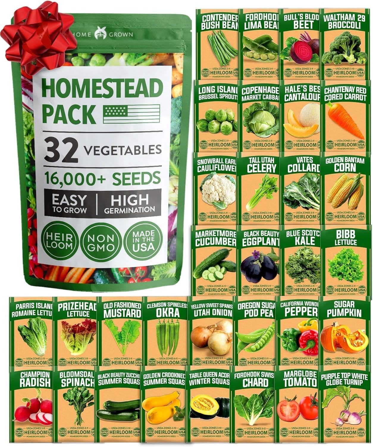 Non-GMO Heirloom Seed Vault: 32 Varieties with 16,000 High Germination Seeds