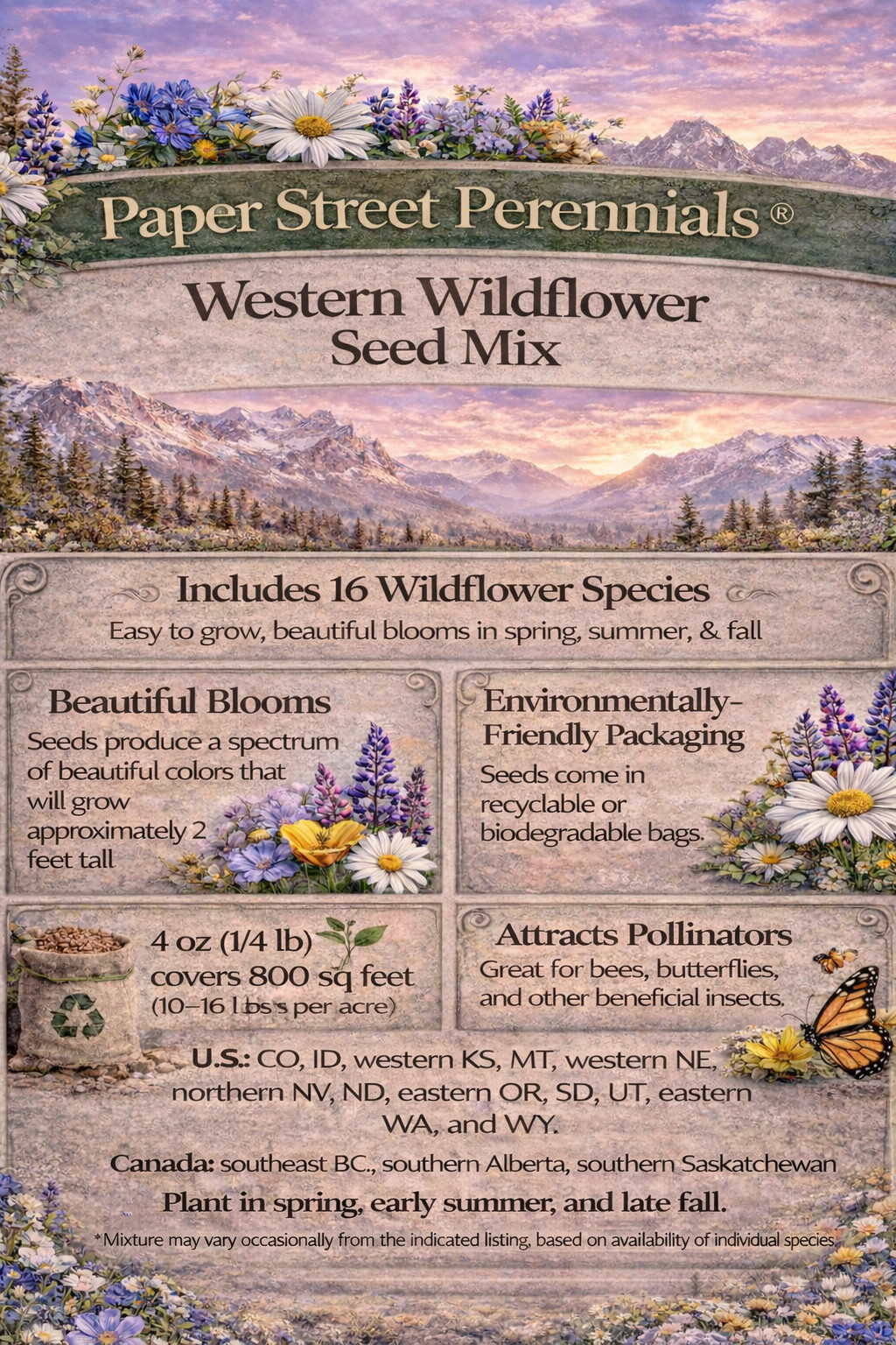 1/2 Pound Western Nebraska Bulk Wildflower Seed Mix 1/2lb Covers 1,600sq-ft