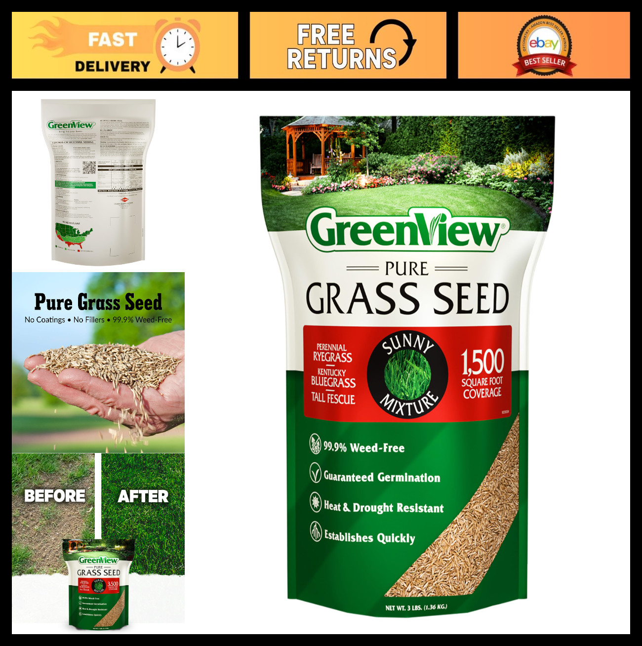 Premium Grass Seed Sunny Blend, 3 lb. Bag – Covers 1,500 sq. ft. for Lush Lawn