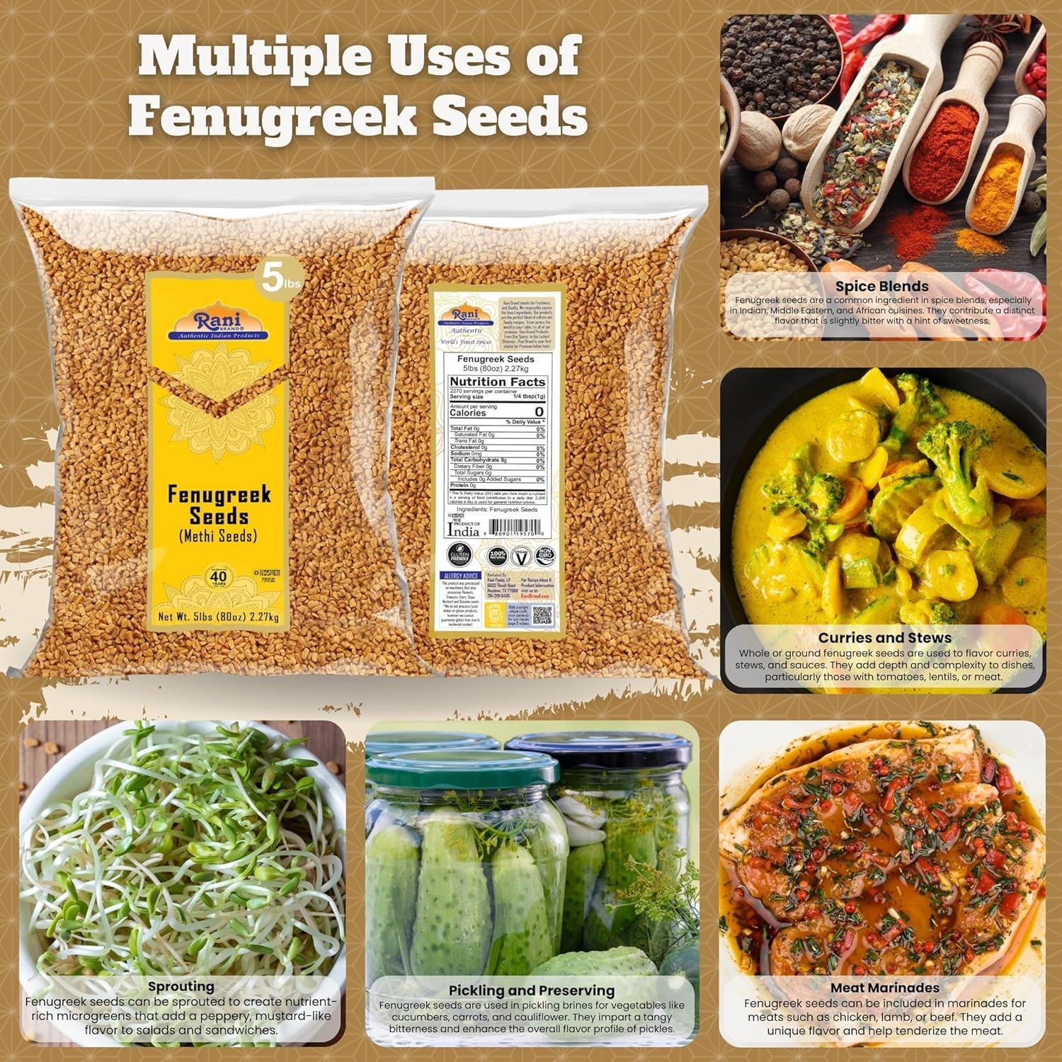 Rani Fenugreek Methi Seeds Whole 80oz 5lbs 2.27kg