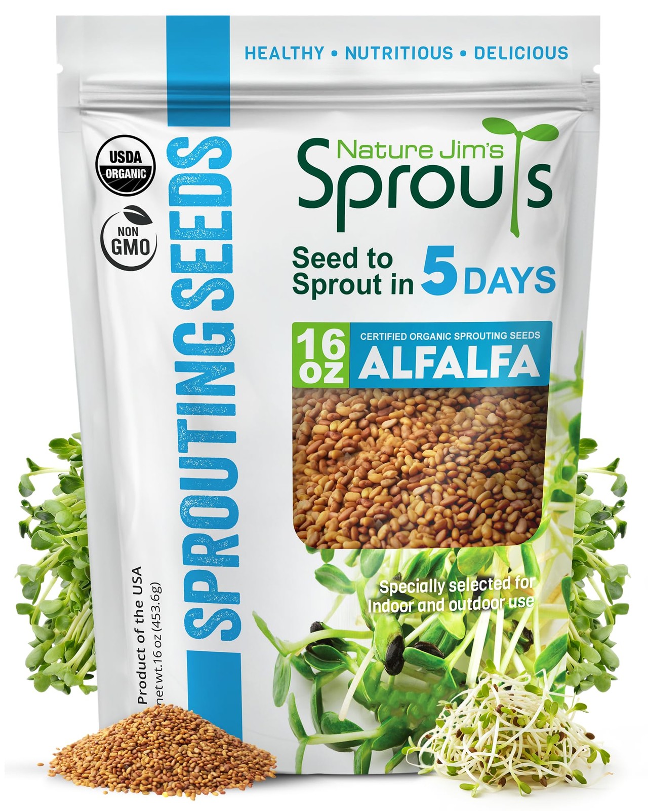 Nature Jims Sprouts Alfalfa Seeds – Non-GMO 1 Pound (Pack of 1), Light Brown