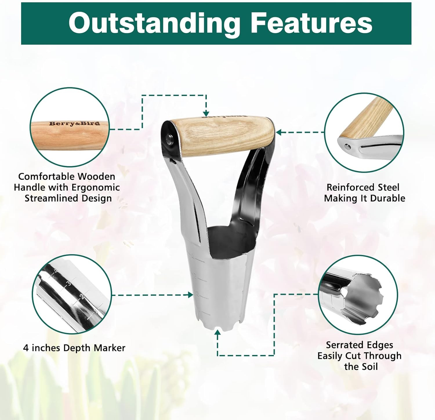 Berry& Garden Bulb Planter with 4 Inches Depth Mark, Stainless Steel Gardening B