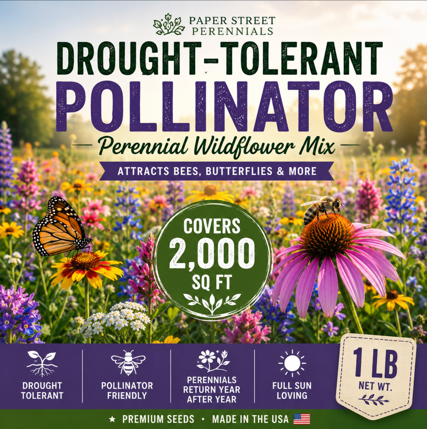 Drought-Tolerant Pollinator Perennial Wildflower Mix 1 lb 2,000 Sq Ft