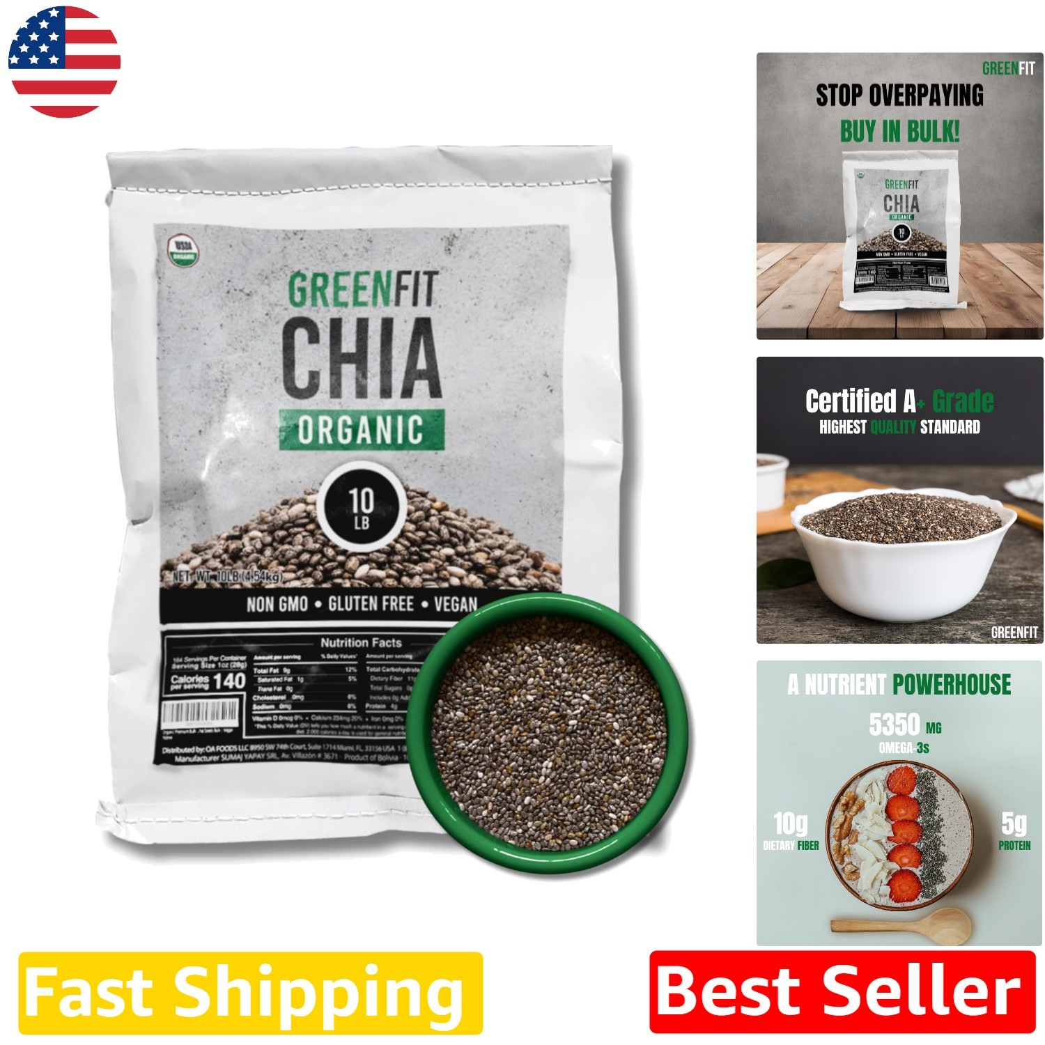 10LB Organic Chia Seeds | A+ Grade Gluten-Free Superfood | Bulk Non-GMO Bag