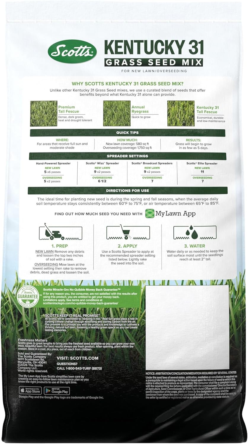 Scotts Kentucky 31 Grass Seed Mix for New Lawns or Overseeding, Grows Thicker an