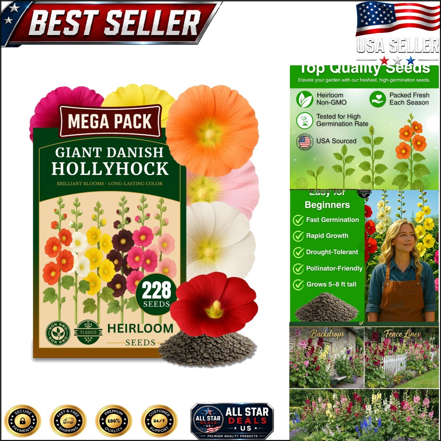 225+ Non-GMO Giant Hollyhock Seeds – Vibrant Carnival Mix for Stunning Gardens