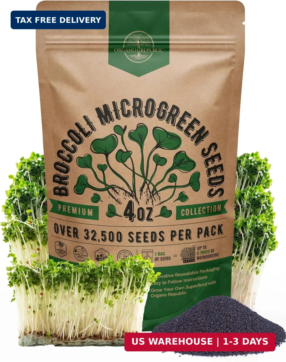 Organo Republic Broccoli Sprouting & Microgreens Seeds – 32,500 Non-GMO Heirloom