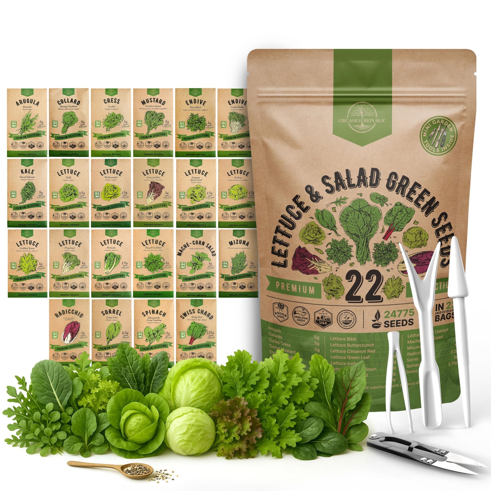 Organo Republic 22 Lettuce & Salad Greens Seeds Variety Pack 24,700+ NonGMO H…