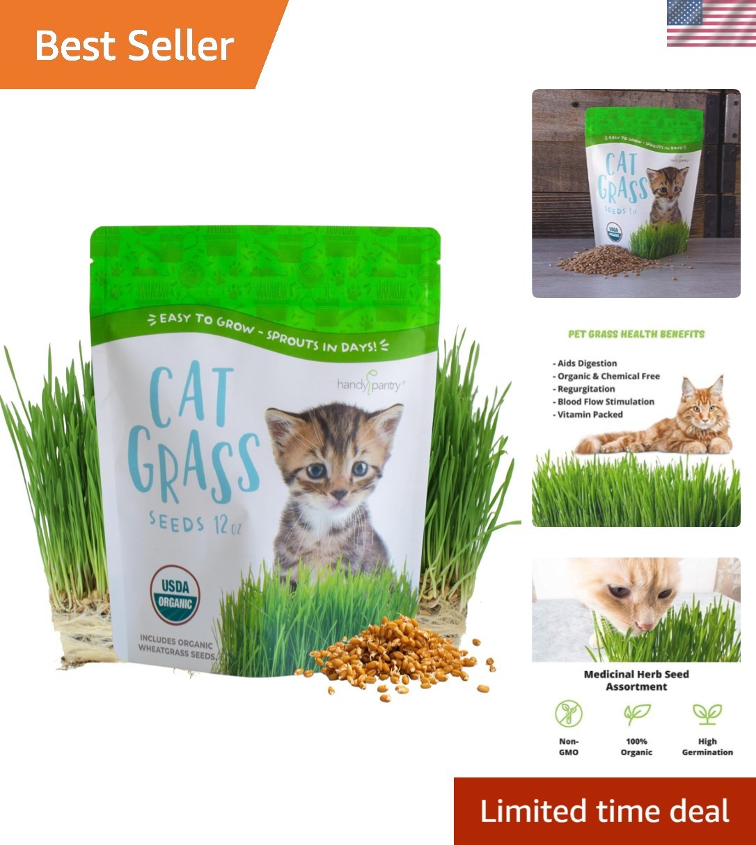 Organic Cat Grass Seeds – Non-GMO Wheatgrass, 12 oz Pet-Friendly Treat