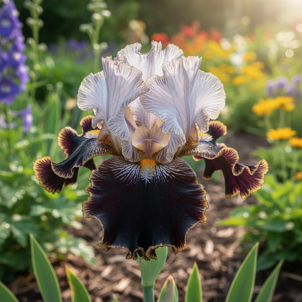 50 Golden-Edged Bearded Iris Seeds – Black & White Ruffled Blooms