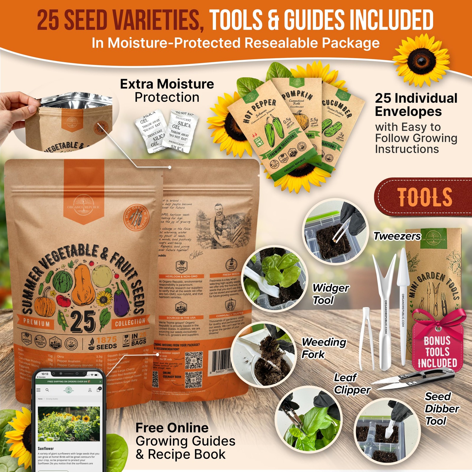 25 Summer 25 Vegetable & Fruit Seeds, Green, Purple, Red, Yellow