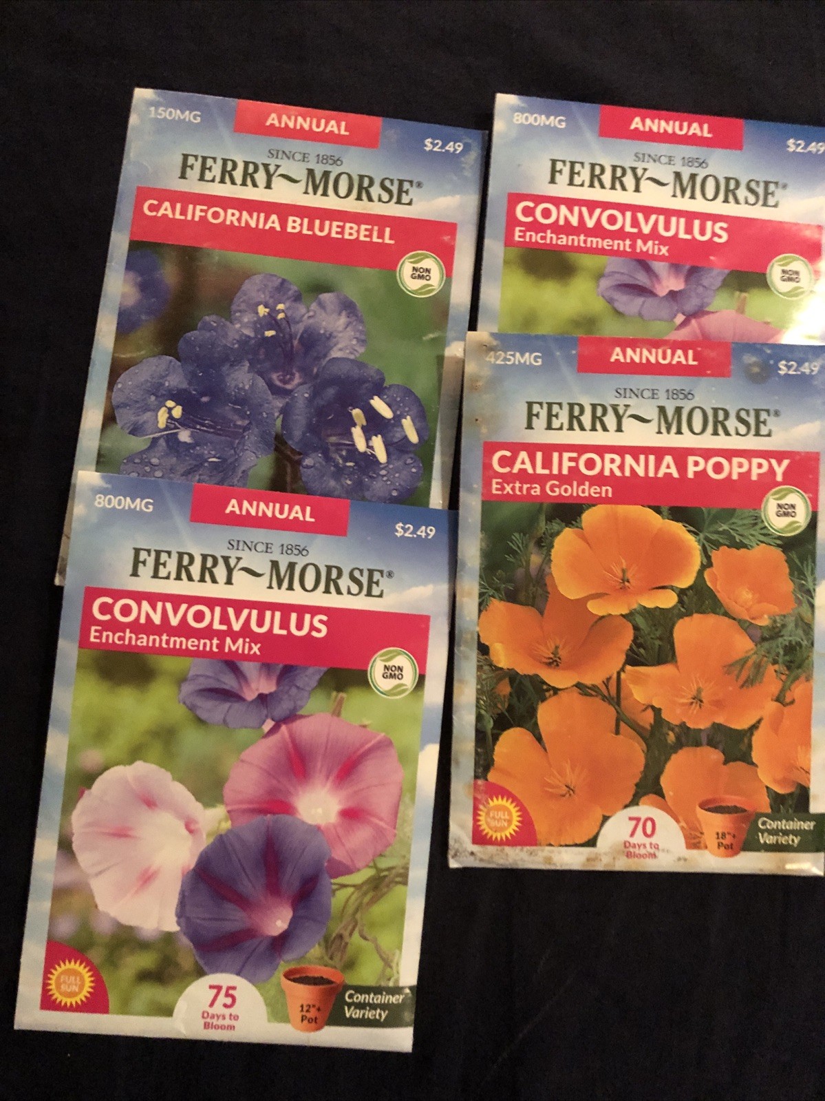 4 packs FERRY-MORSE ￼Flowers￼ Seeds – CA Bluebell, 2 Convolvulus, CA Poppy 2026