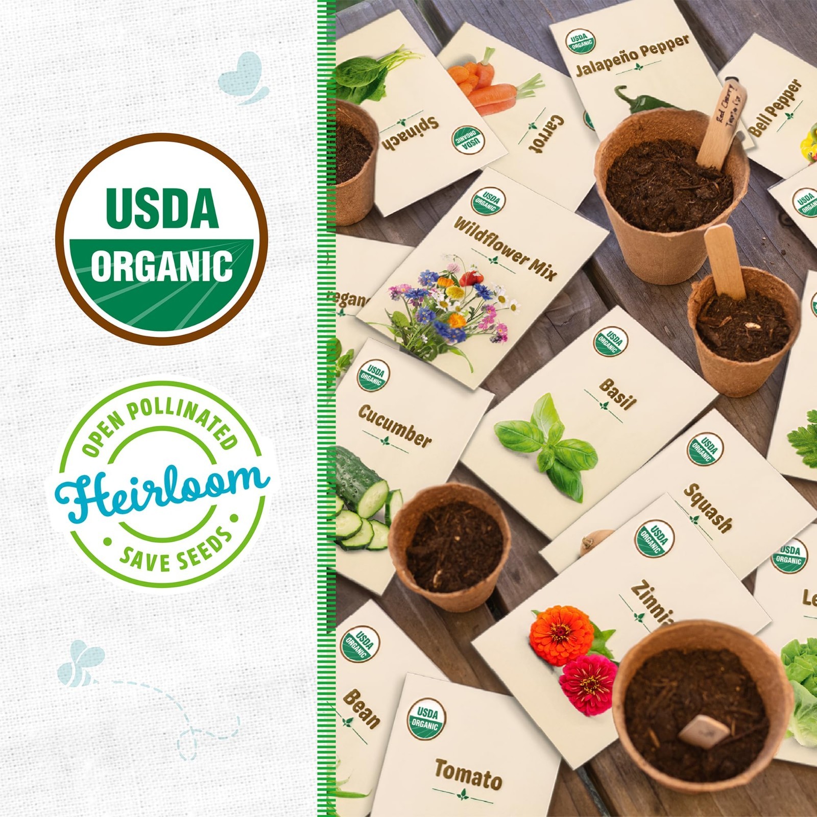 100% Heirloom Organic Seeds Variety Pack – 30ct Veggies, Herbs & Flowers