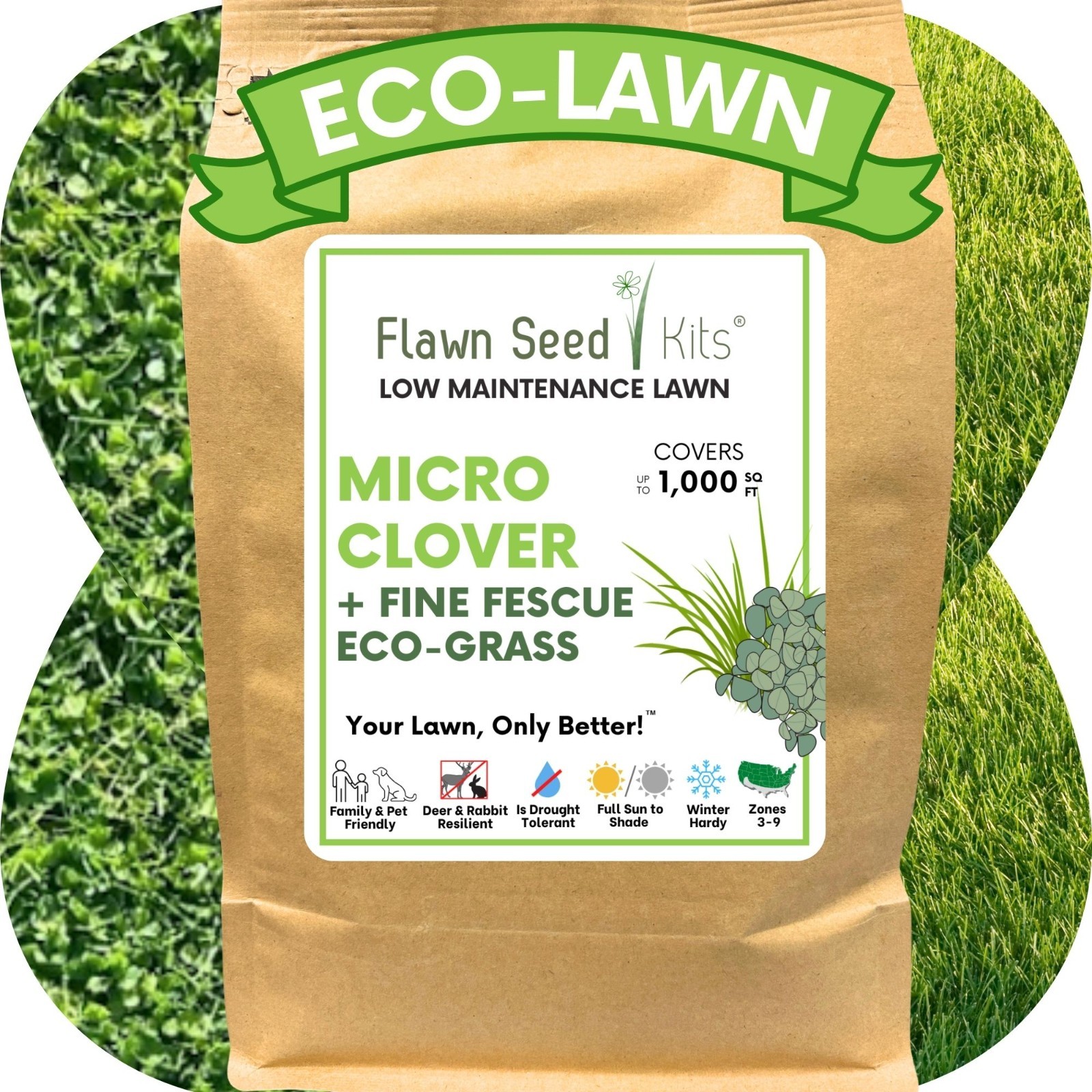 Flawn Seed Kits Micro Clover Seed + Mow Less Fine Fescue Grass