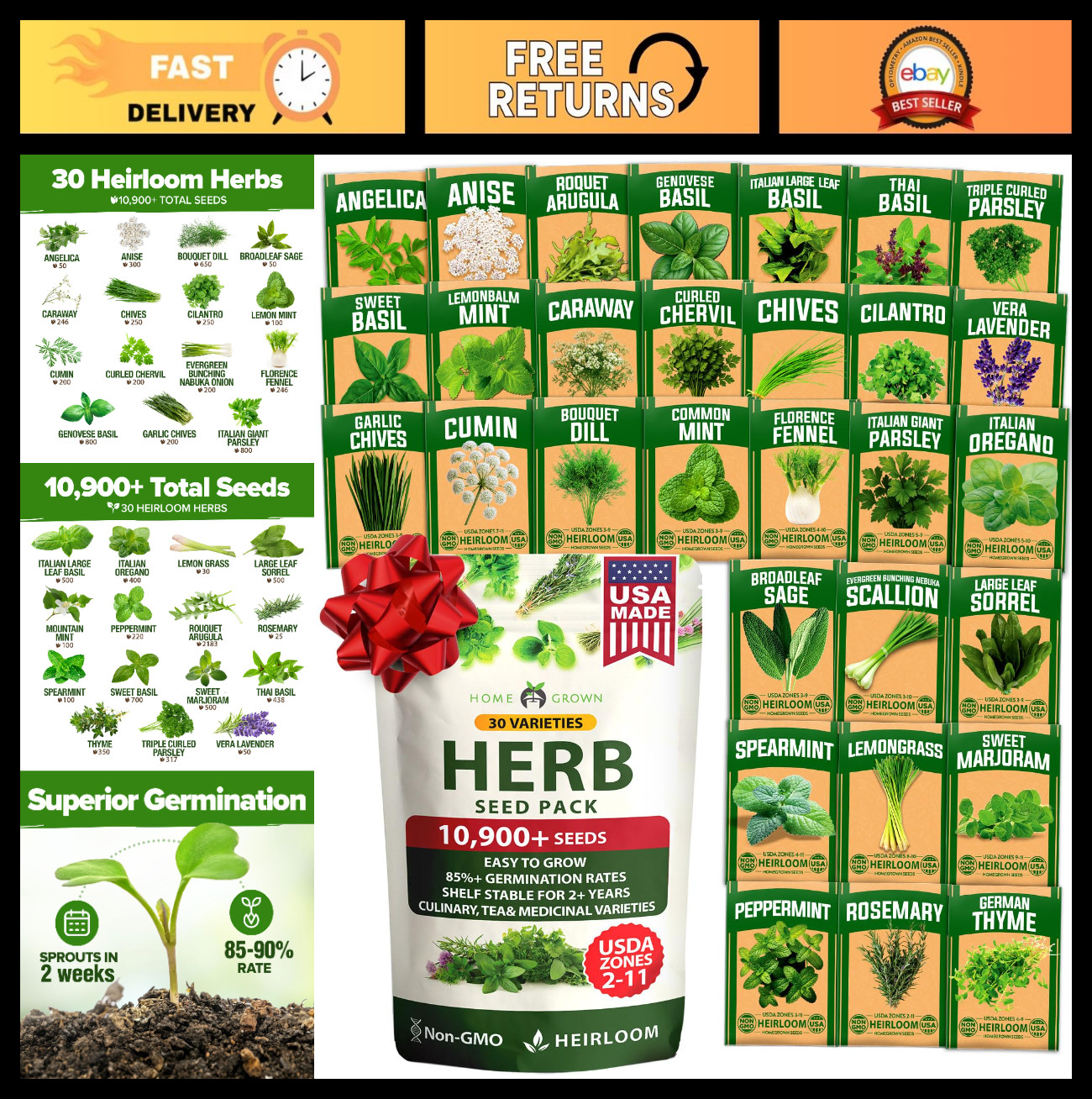 30 Herb Seeds Variety Pack – Non-GMO Heirloom for Indoor/Outdoor Gardening – Cul