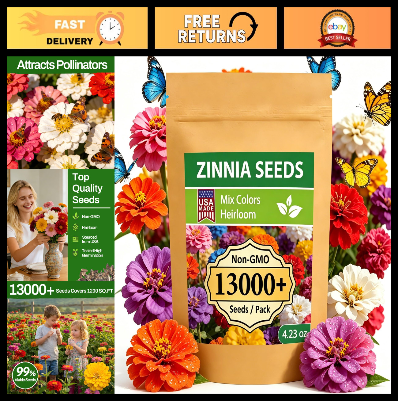 Bulk Zinnia Seeds – 13,000+ Mixed Colors, Large Blooms, Non-GMO, High Germinatio