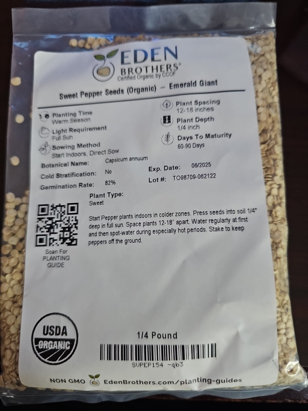 Eden Brothers Organic Sweet Pepper Emerald Giant Seeds 1/4 Pound