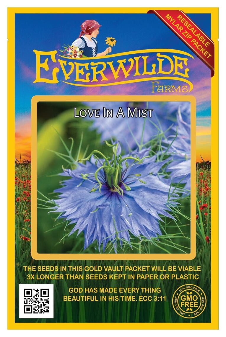 2000 Love In A Mist Wildflower Seeds – Everwilde Farms Mylar Seed Packet