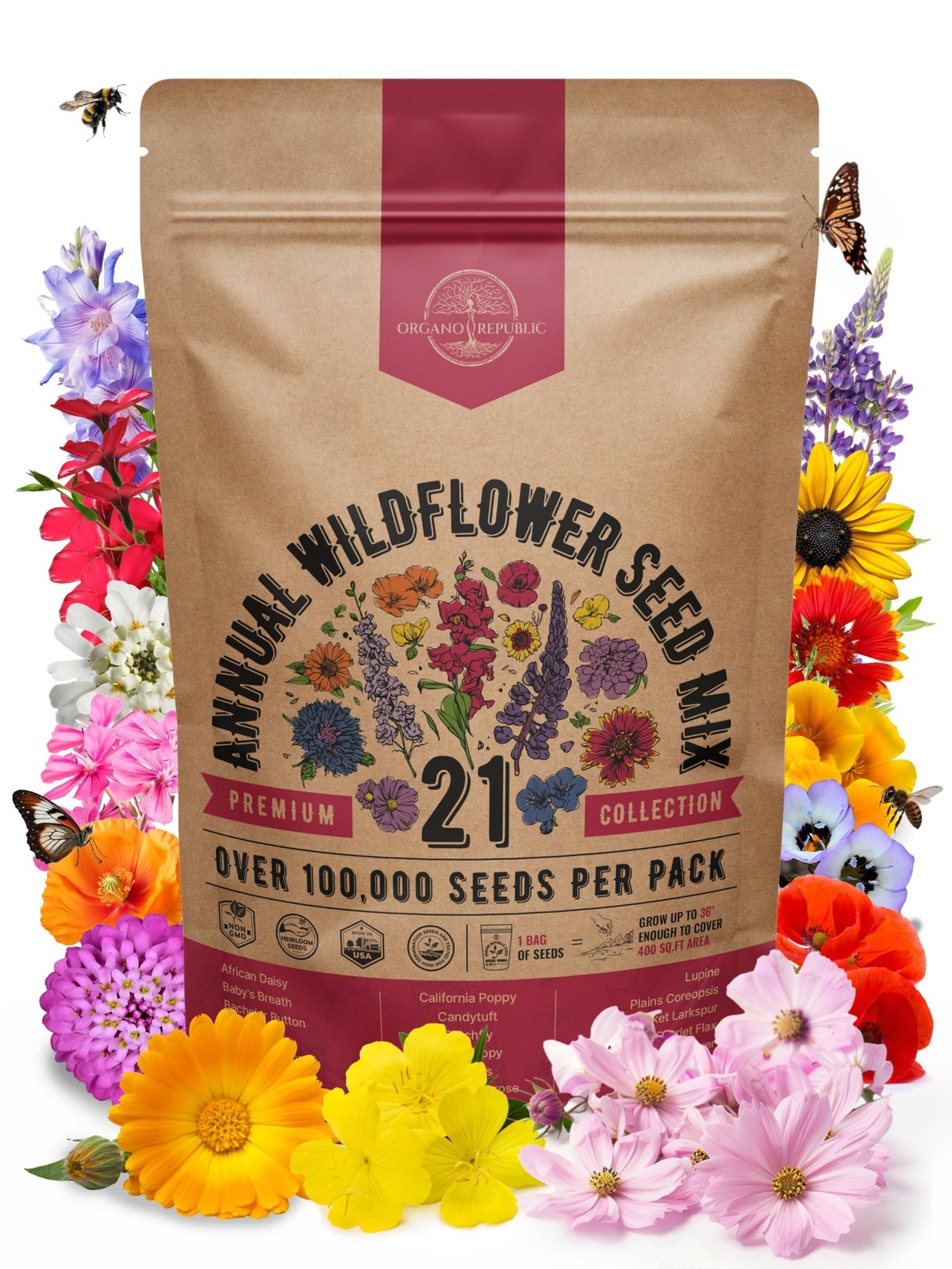 Wildflower Seed Mix for Indoor & Outdoor Gardening, 100,000+ NonGMO Seeds