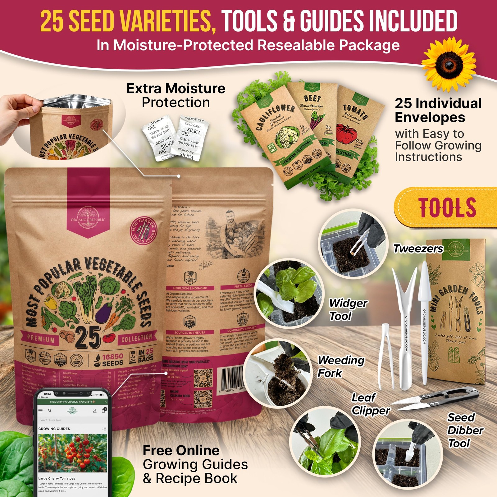 Organo Republic 25 Vegetable Seeds Variety Pack 16,850+ NonGMO Heirloom Seed…