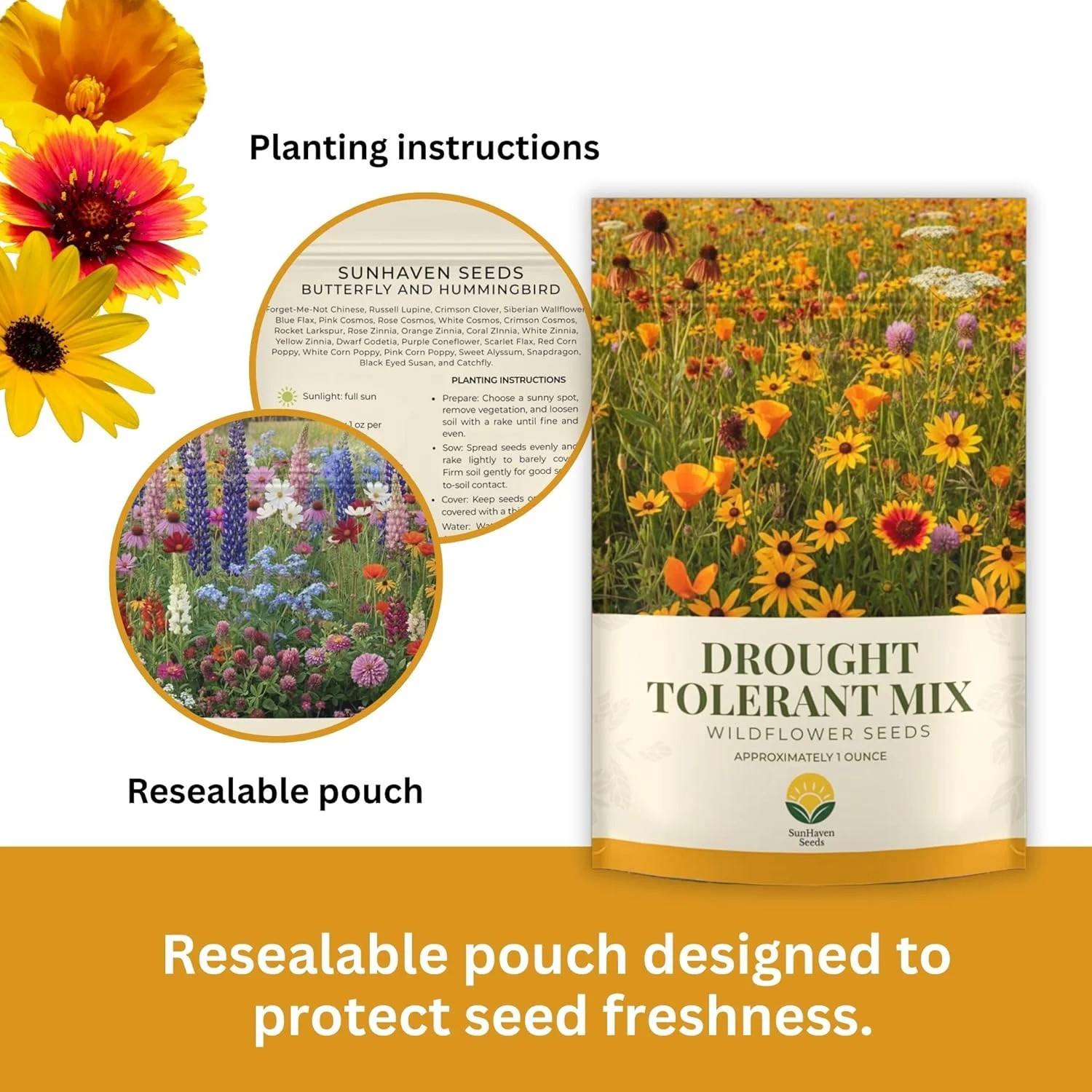 Drought Tolerant Wildflower Mix – 20,000+ Seeds – 1 oz Bulk Extra Large Resealab