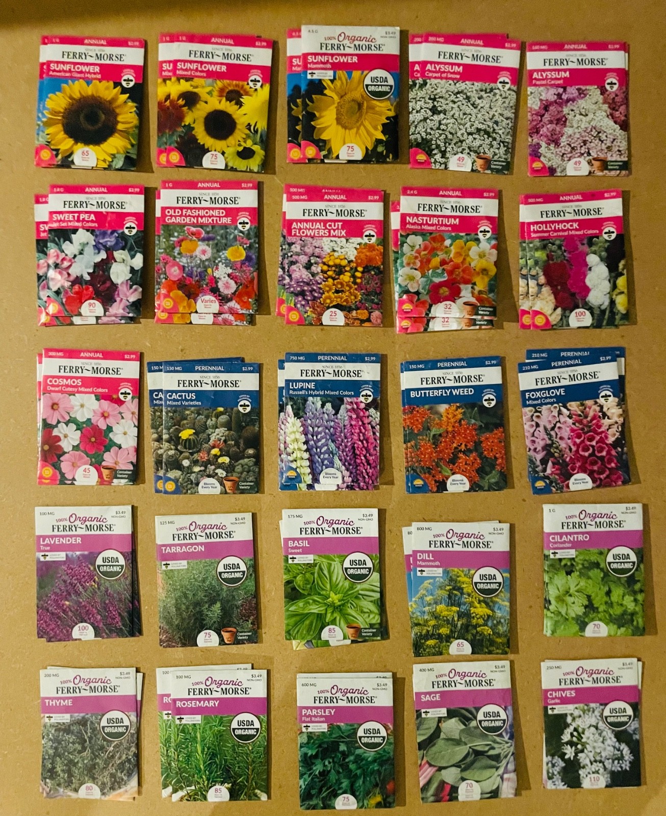 Lot of 150 Ferry Morse Flower, Herb & Vegetable Seeds . Non Gmo. Dated 2025