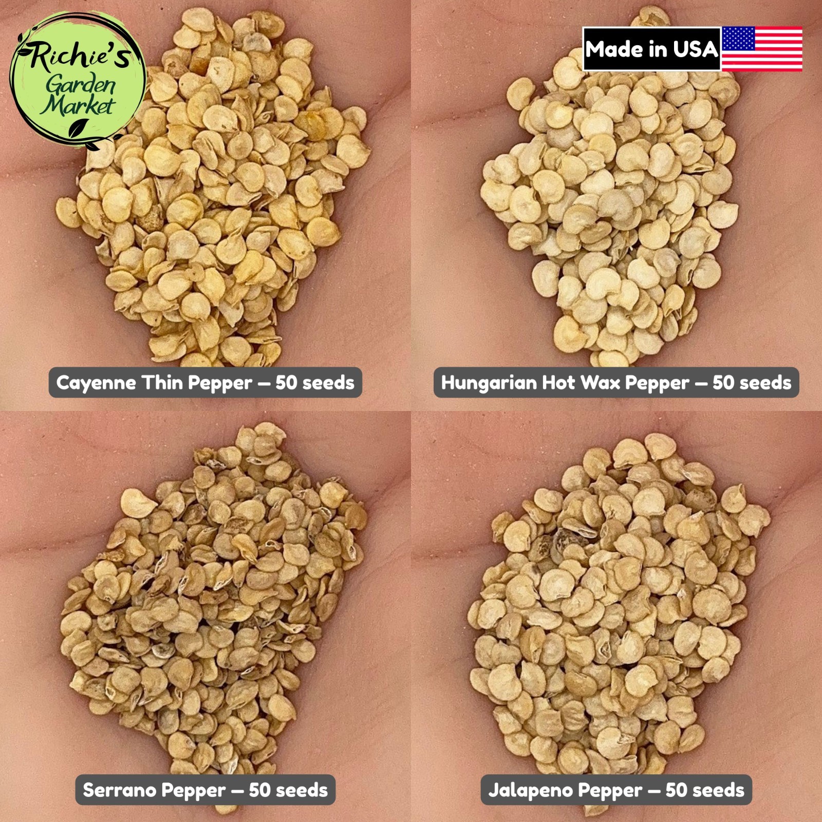 4 Medium Heat Pepper Seeds, Jalapeno, Serrano, Hungarian Hot Wax, Cayenne Thin