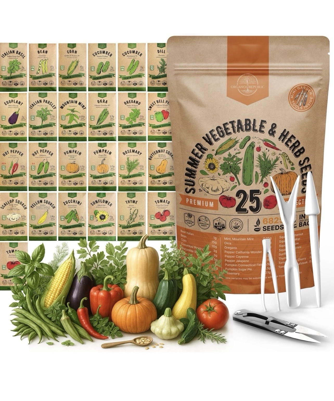 ORGANO REPUBLIC SUMMER VEGETABLE & HERB SEEDS-PREMIUM 25 COLLECTION-MINI TOOLS