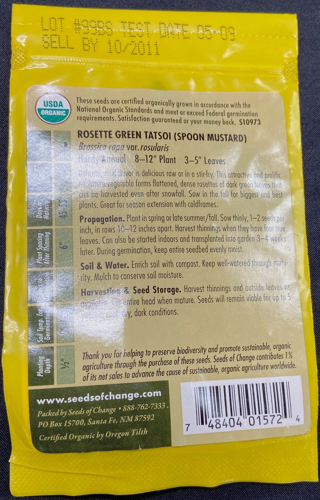 Seed packet – ROSETTE GREEN TATSOI (SPOON MUSTARD) (Brassica rapa) – sealed, new
