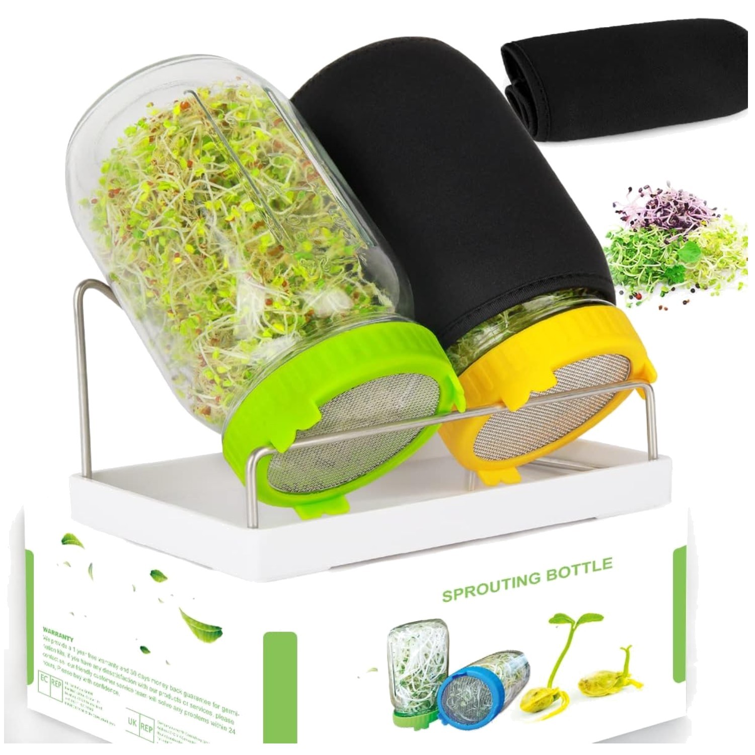 User-Friendly Sprouting Kit: 2 Wide Mouth Jars, Drainage Tray & Blackout Sleeves