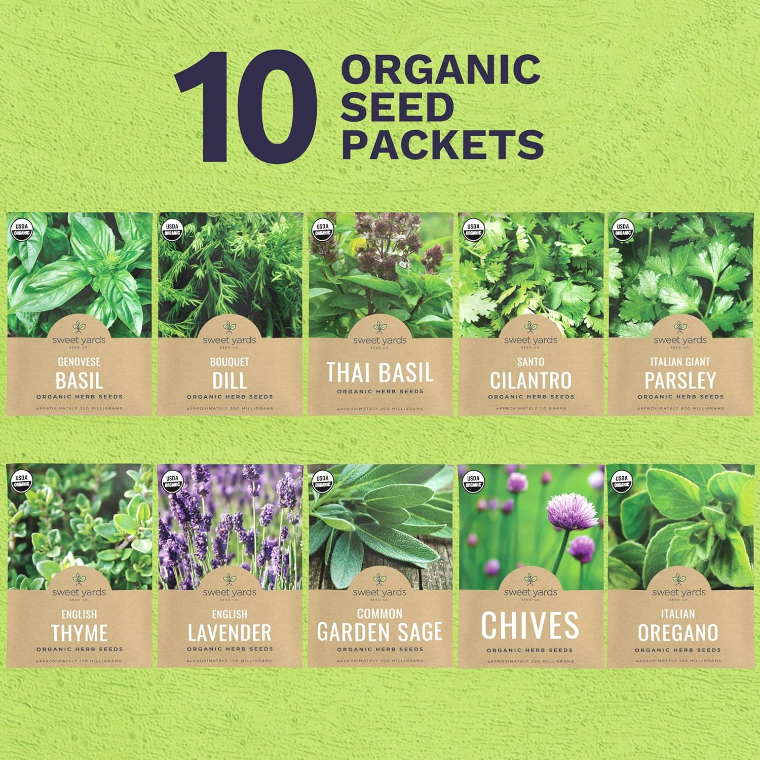 Organic Herb Seeds Variety Pack – 10 Individual Packs – 2026 Season – Basil, Cil