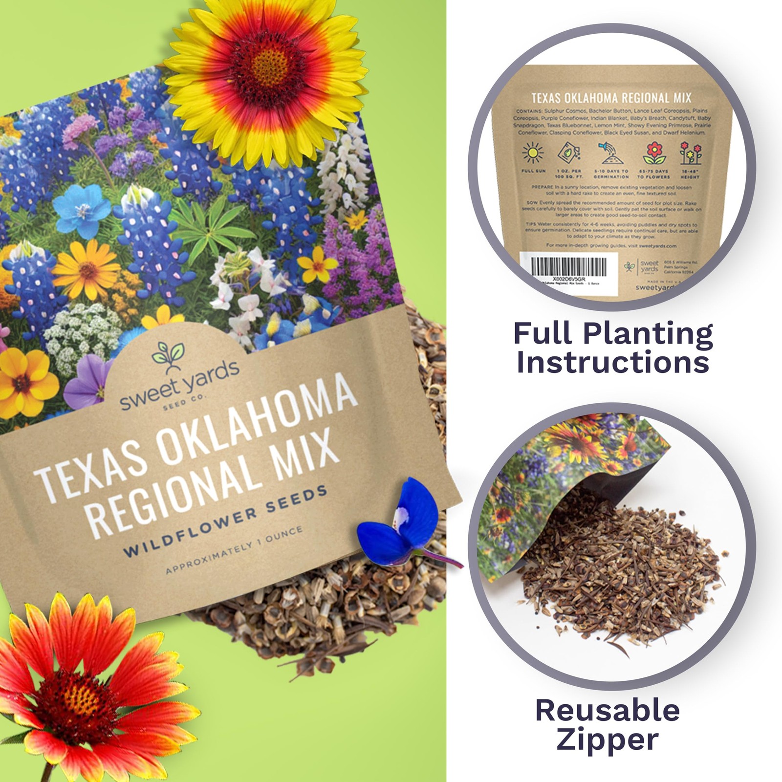 Texas Oklahoma Wildflower Seeds Mixture 1 Ounce (Pack of 1), Multiple Colors