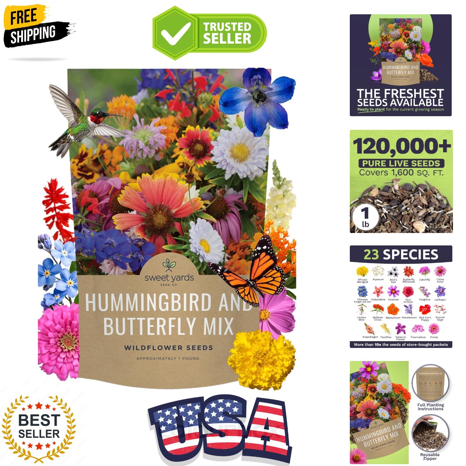 Bulk Wildflower Seeds Butterfly and Hummingbird Mix – 1 Pound Bag – Over 120,…