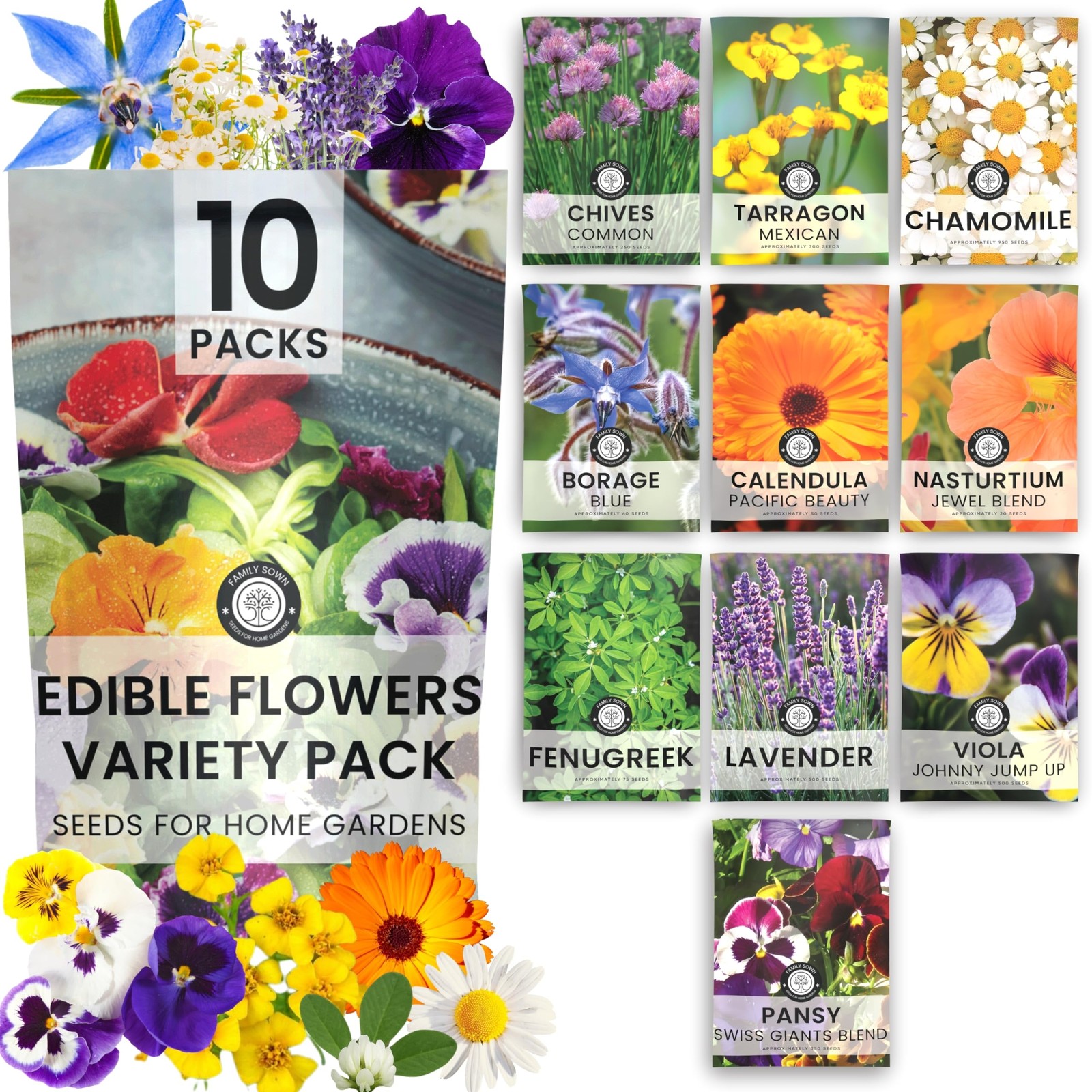 Edible Flower Seeds | 10 Individual Packs | 2026 Season | Non-GMO | Calendula…