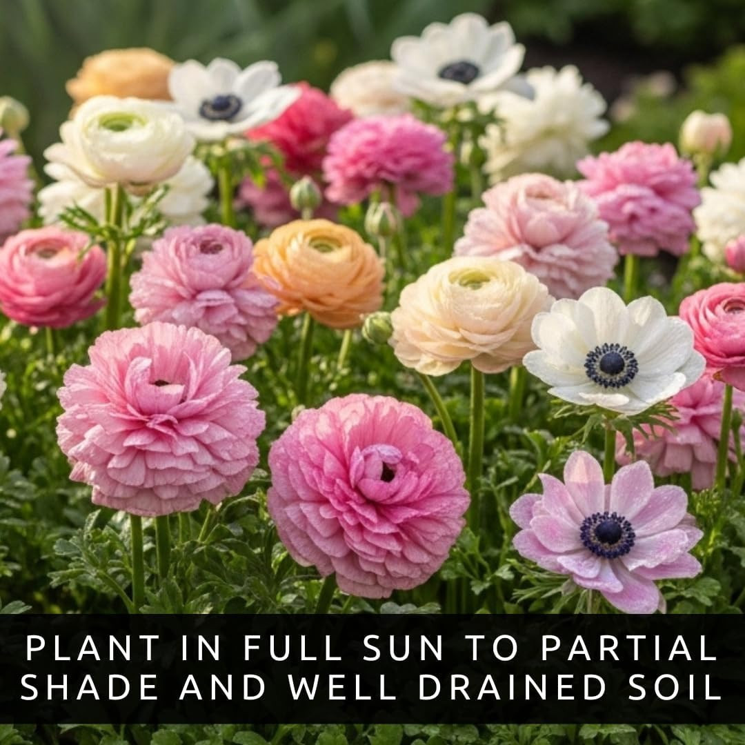 Pastel Ranunculus & Anemone Flower Bulb Mix – 50 Premium Bulbs for Planting | Ro