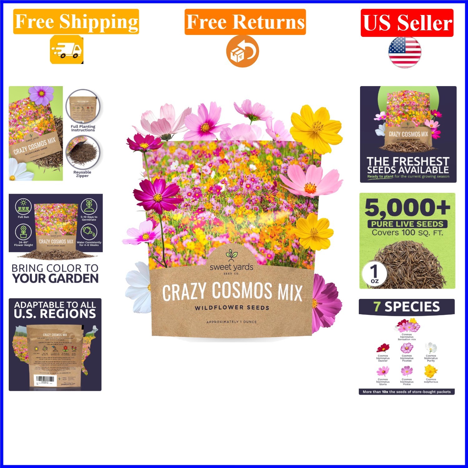 Cosmos Seeds Wildflower Mix, 1 Ounce, Over 5,000 Seeds, Multi-Color