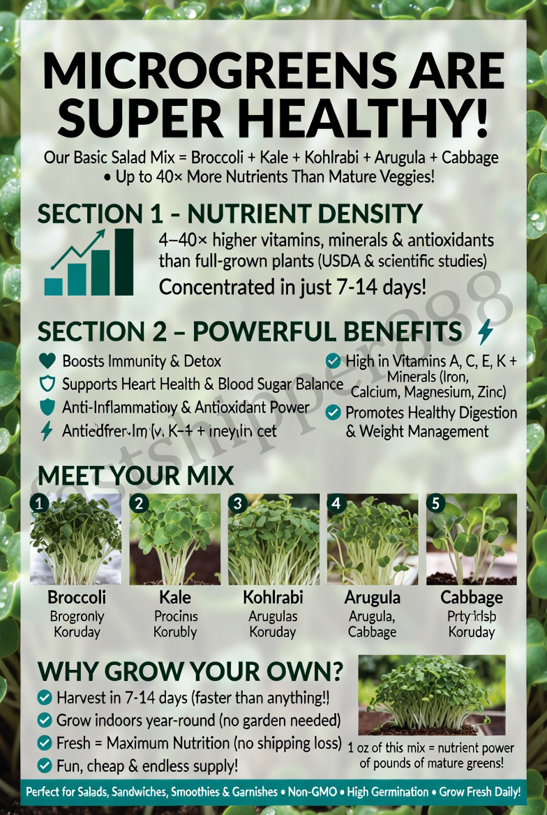 Basic Salad Microgreens Seed Mix Broccoli Kale Kohlrabi Arugula Cabbage Non-GMO