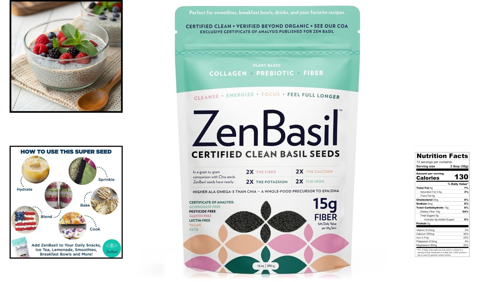14oz Edible Basil Seeds – Kosher, & Gluten-Free Superfood – 15g Fiber/Serving