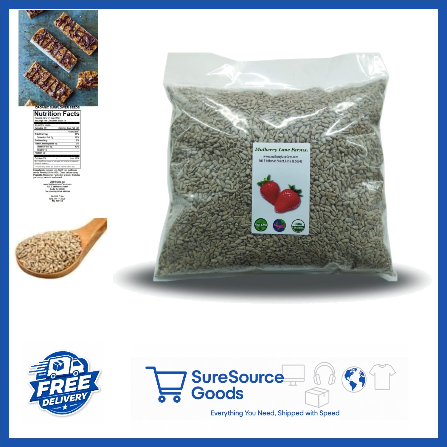 Organic Sunflower Seeds 5 Pounds Raw Hulled Unsalted Non-GMO Snack