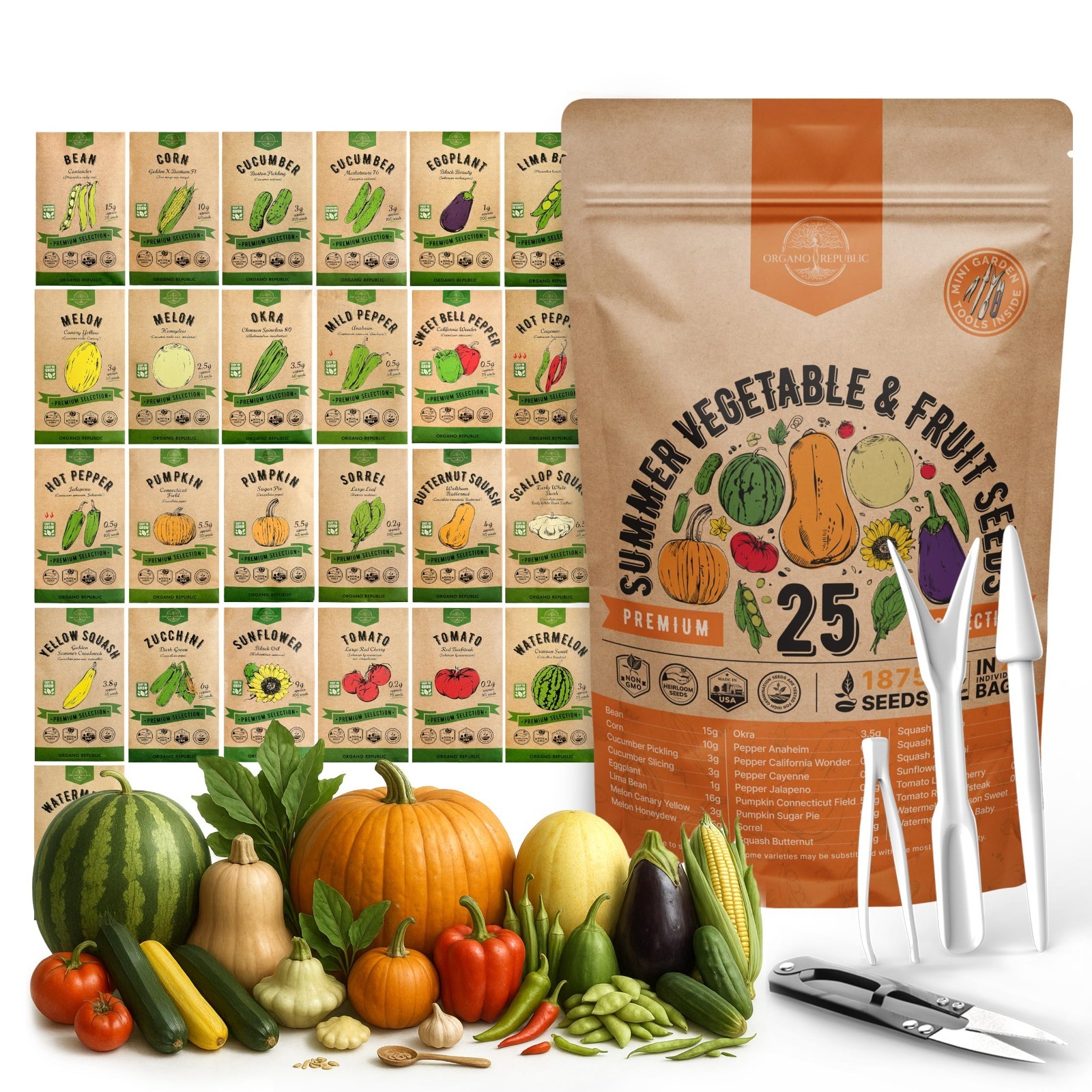 25 Non-GMO Heirloom Vegetable & Fruit Seeds Variety Pack for Home Gardening – 1,