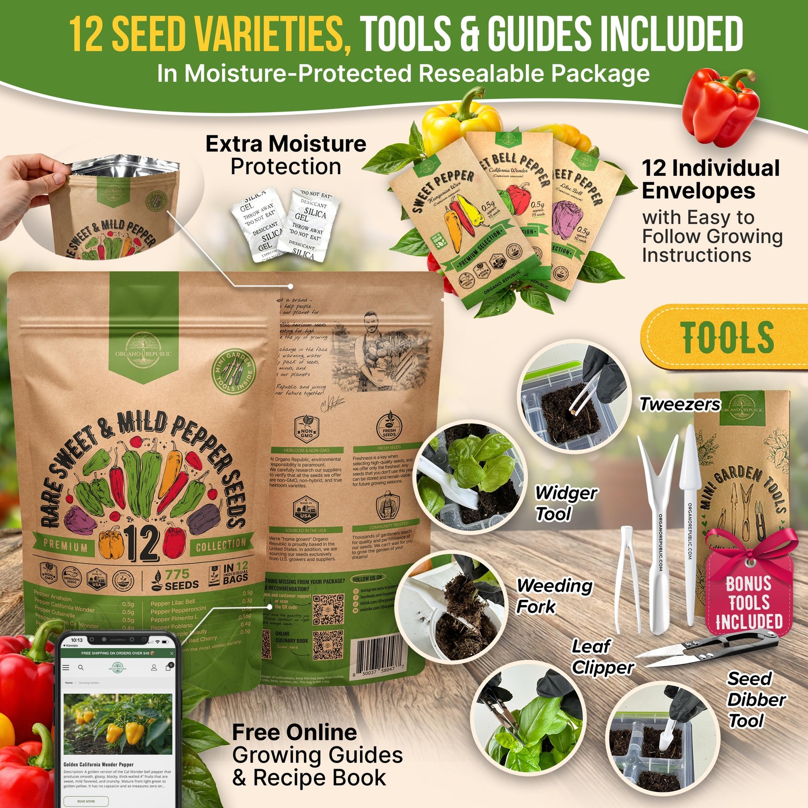 Organo Republic 12 Rare Sweet & Mild Pepper Seeds Variety Pack 770+ NonGMO H…