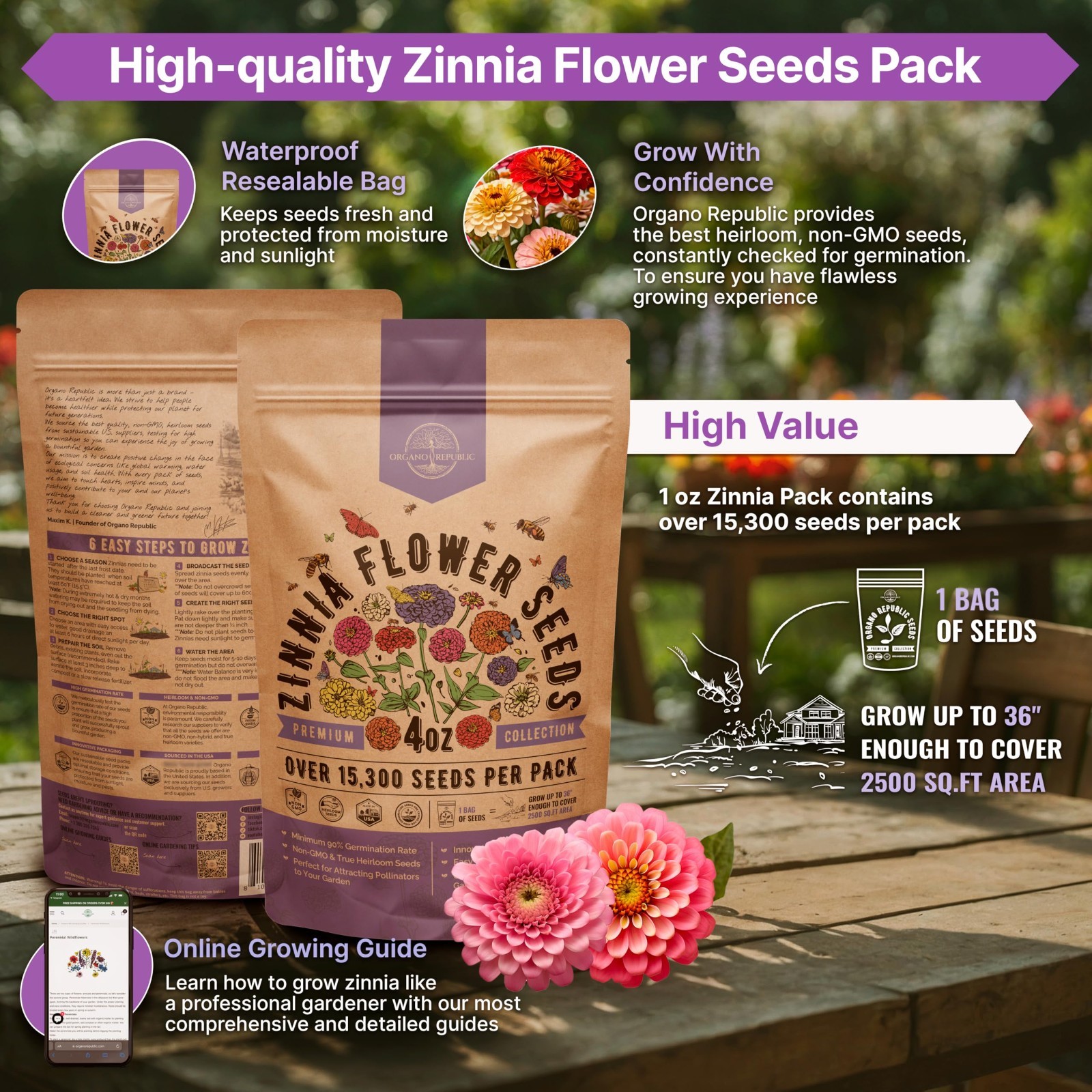 Non-GMO Heirloom Zinnia Seeds – 4 oz Pack, 15,300 Seeds for Home Garden & Outdoo