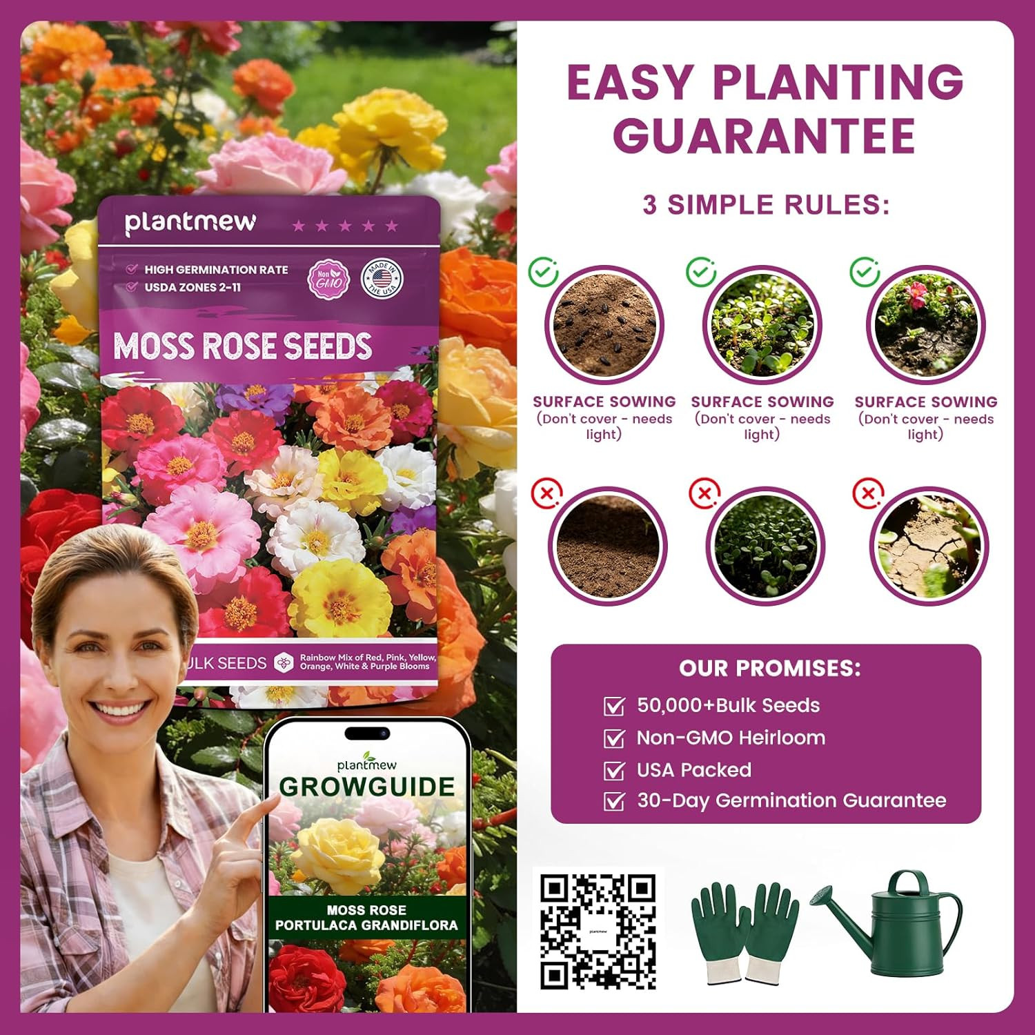 Moss Rose Seeds Bulk Pack – 50,000+ Non-Gmo Heirloom Portulaca Seeds for Plantin
