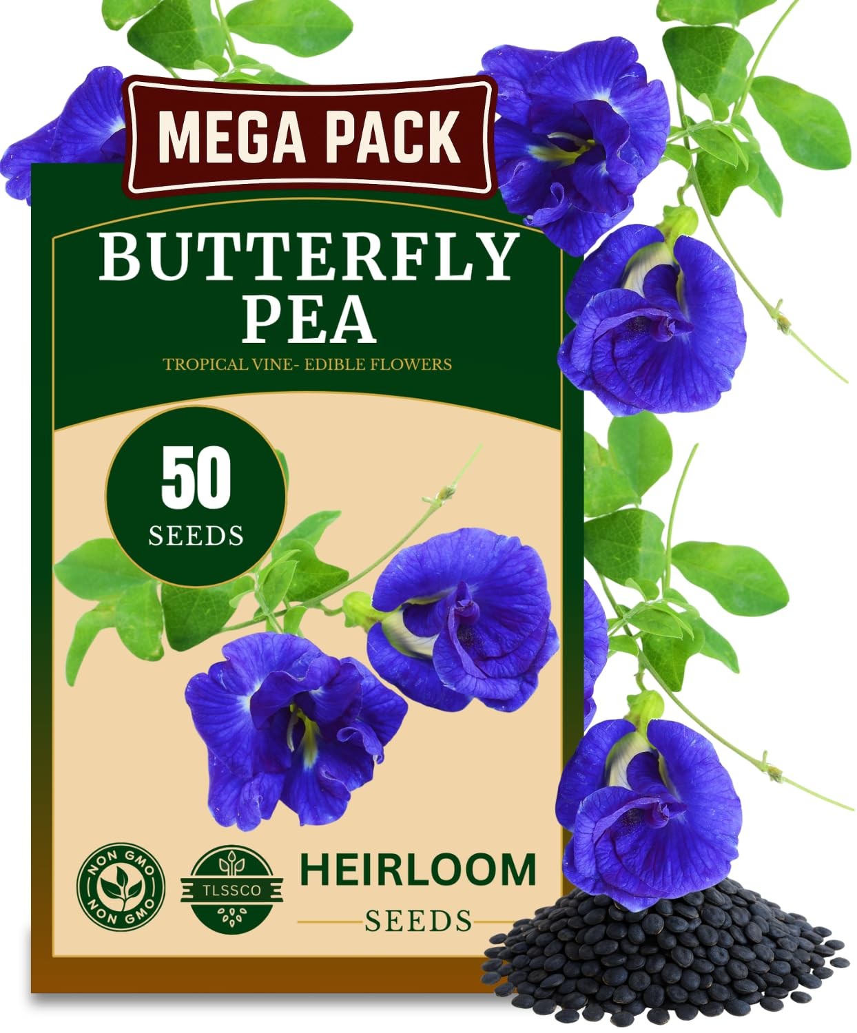 50+ Butterfly Pea Flower Seeds for Planting, NonGMO Flower Seeds, Blue Butter…