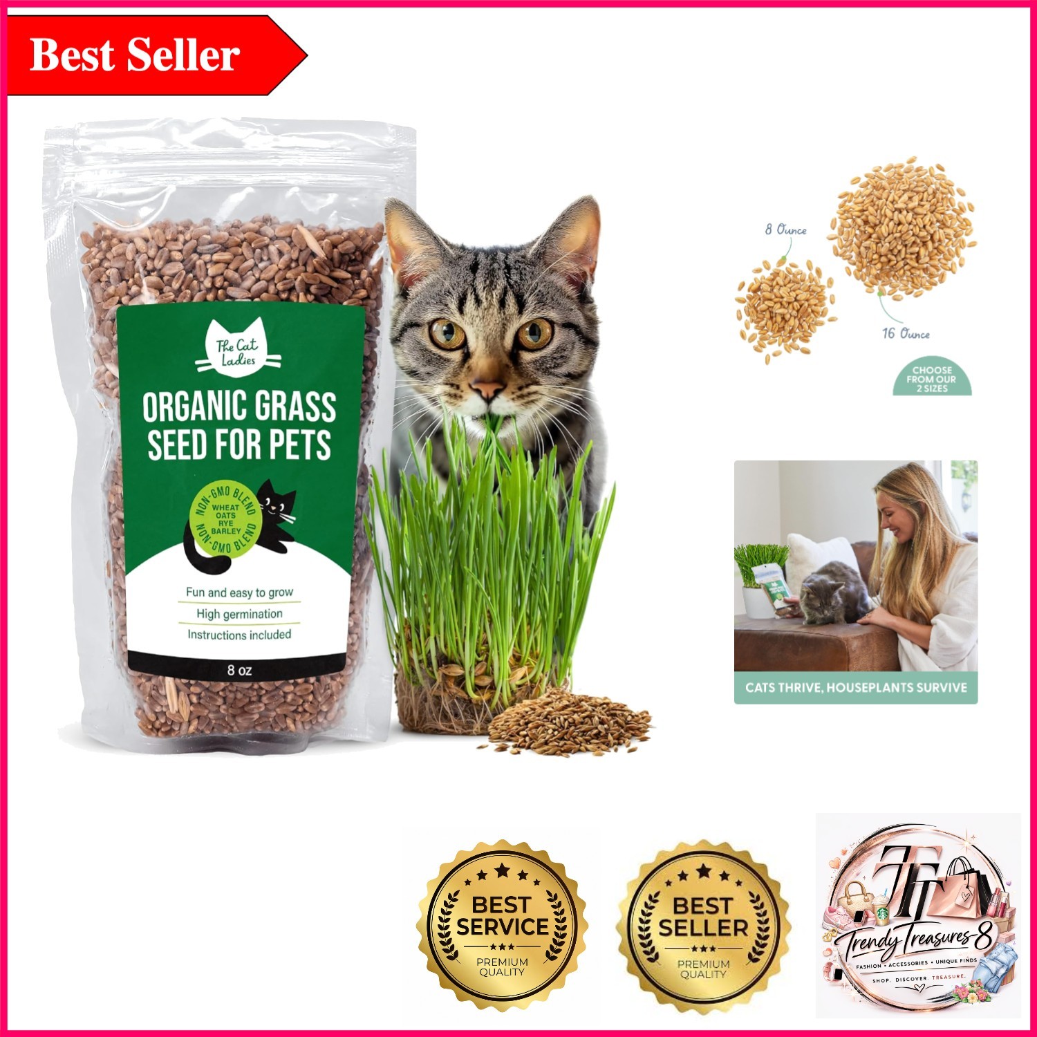 Organic Cat Grass Seed – Non-GMO, Pet-Friendly, Fast-Growing 8oz