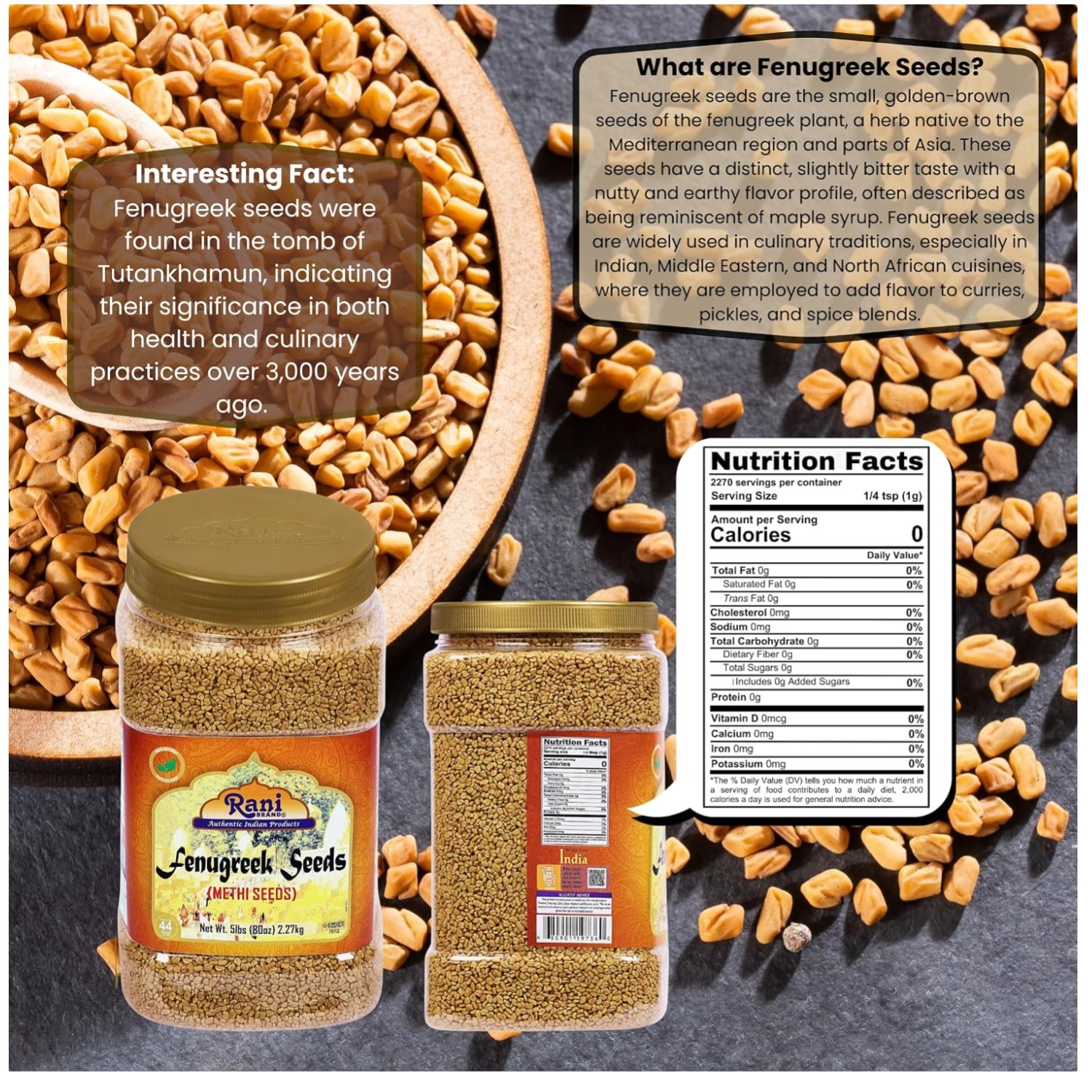 Rani Fenugreek Methi Seeds Whole 80oz Bulk Jar