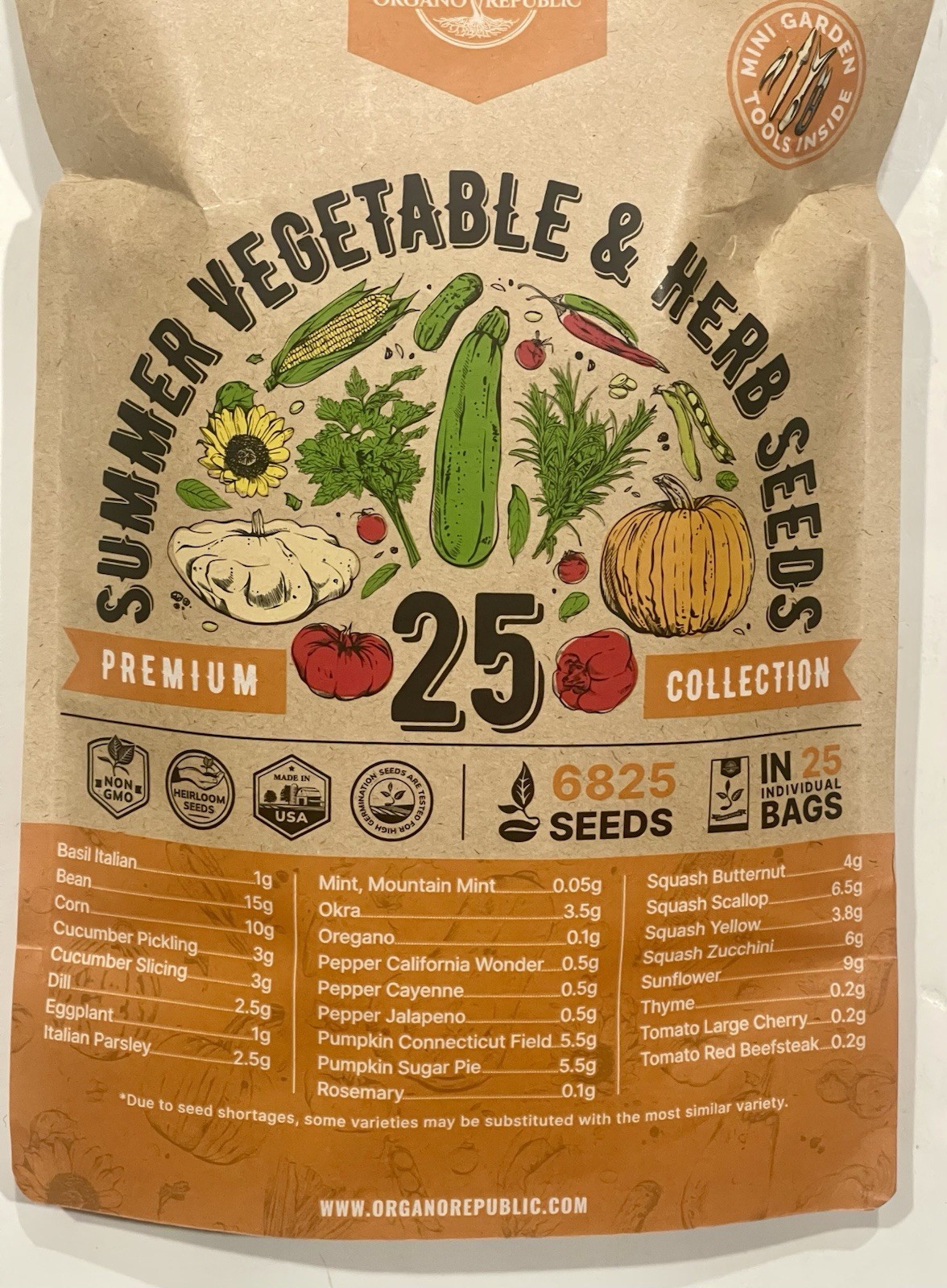 ORGANO REPUBLIC SUMMER VEGETABLE & HERB SEEDS-PREMIUM 25 COLLECTION-MINI TOOLS