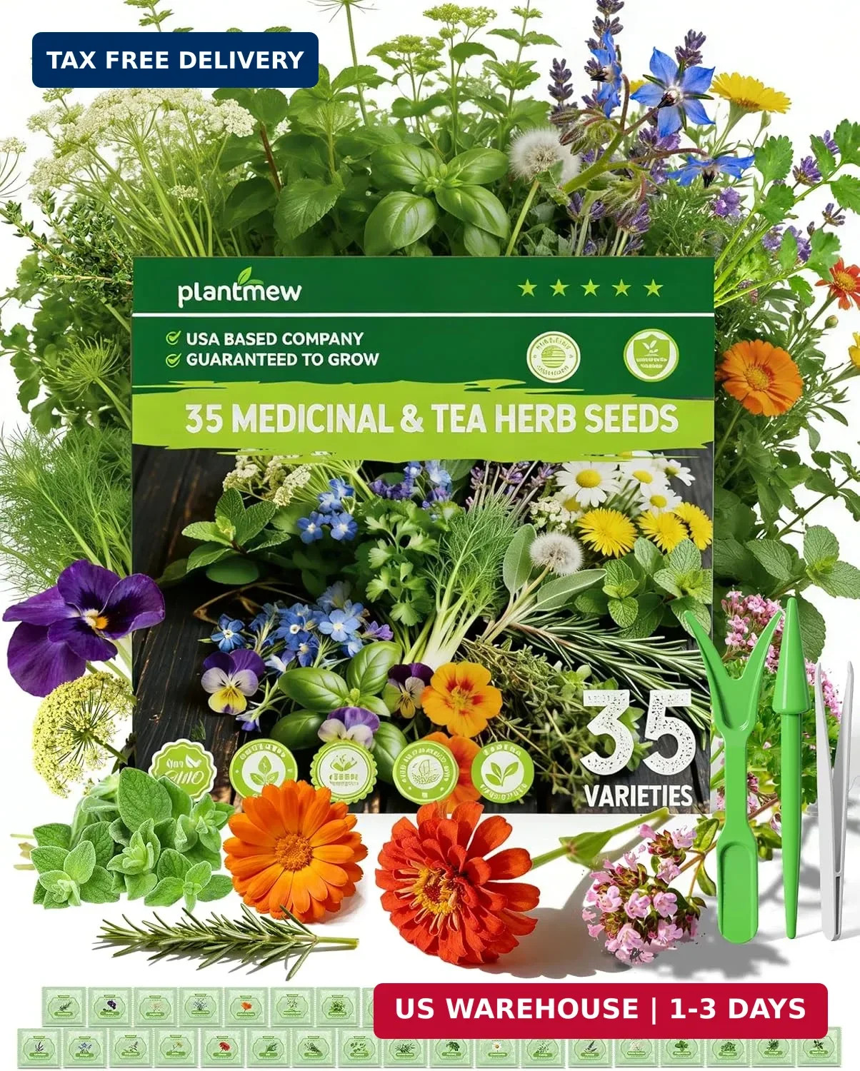 Medicinal & Tea Herb Seeds for Planting – 35 Non-GMO Variety Pack for Indoor/Out